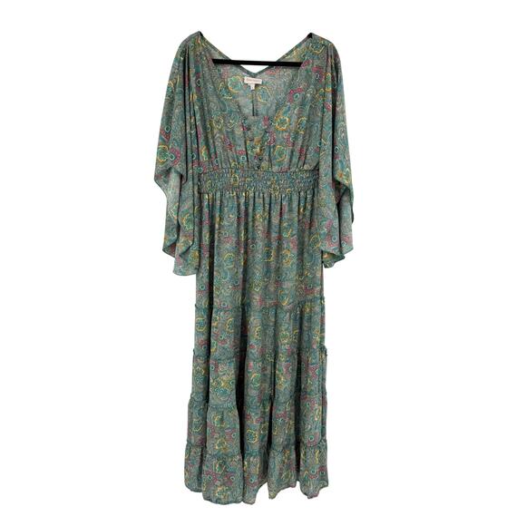 Anthropologie Dresses & Skirts - Anthropologie Boemo Green midi dress Paisley Tiered smocked Size L  Boho Regency